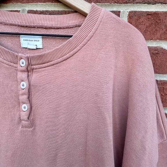American Eagle Henley Sweatshirt LG Dusty Pink Drawstring Waist Cozy Soft Girl - Picture 2 of 8